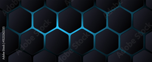 Black 3d hexagonal technology vector abstract background. Blue bright energy flashes under hexagon in modern technology futuristic background vector illustration. Black 3d honeycomb texture grid.