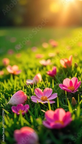 Vibrant flower petals scattered on lush green grass, bathed in warm sunlight Perfect for spring, nature, and floral themes , sunshine, botany