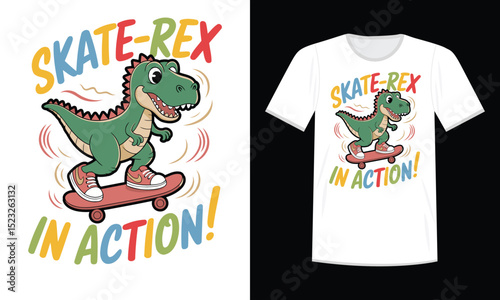 Funny cartoon T-Rex dinosaur riding skateboard with sneakers colorful design for kids t-shirt print