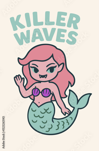Killer Waves Mermaid Clipart, Cute Pink Hair Mermaid Vector, Vampire Mermaid PNG, Surf Girl Beach Clipart, Cartoon Sea Siren Art, Fantasy Ocean Mermaid Sticker, Summer Coastal Clipart, Retro Mermaid 