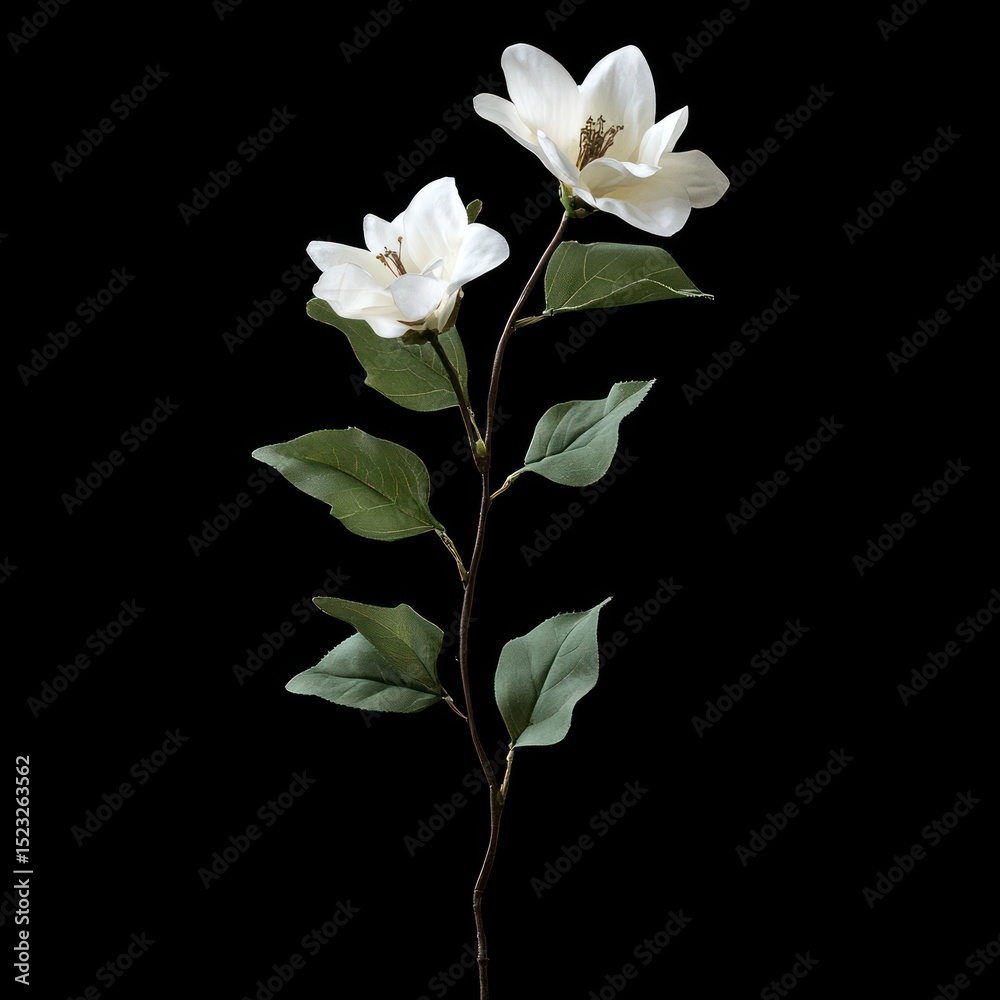 Obraz premium Cream magnolia blossom with green leaves on stem