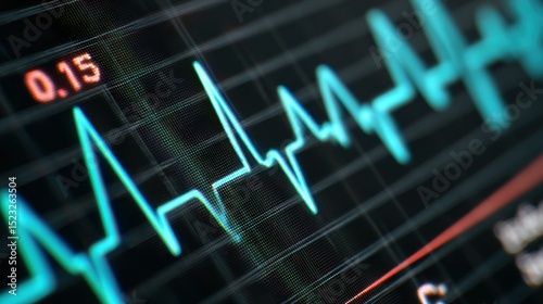 A realistic heart rate monitor screen showing vital signs, sharp close up of the ECG wave on black background