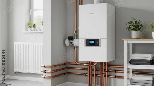 Modern gas boiler for home heating and hot water. Efficient energy system with copper pipes in interior space.