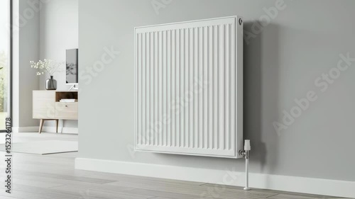 White modern radiator mounted on a light gray wall in a minimalist living room or home interior footage.