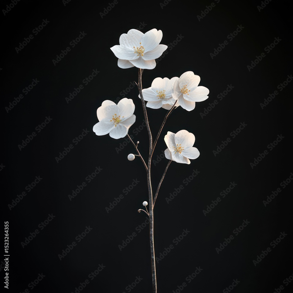 Obraz premium A delicate, stylized blossom branch against a dark backdrop. Soft white petals and a few buds adorn thin brown stems