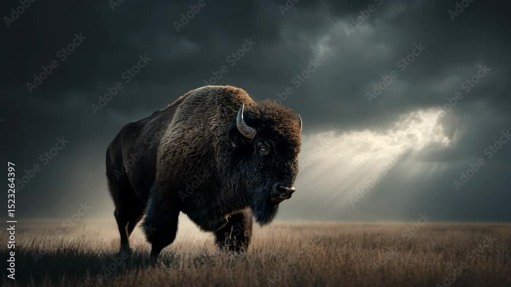 A powerful American bison on a windy meadow. A stormy sky. A wild nature landscape.