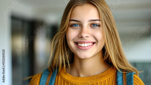 Joyful Youth: A close-up shot captures a radiant young person with stunning blue eyes and a genuine smile, radiating positivity and charm, conveying a sense of hope and the promise of tomorrow.