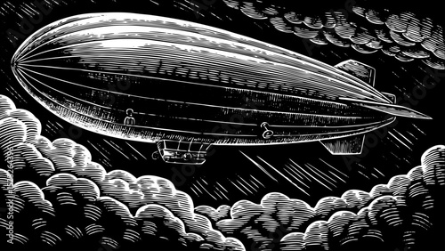 Black and white sketch vector of an airship flying above the clouds with propellers and ropes