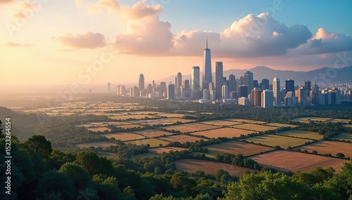 A cityscape skyline overlooking vast tracts of undeveloped land, symbolizing the potential for real estate investment and development opportunities , mortgage, property value, skyline