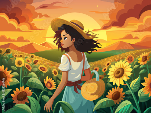 vector of Young asian woman with curly hair in sunflower field at sunset walking with back to camera and holding straw hat with open hand.