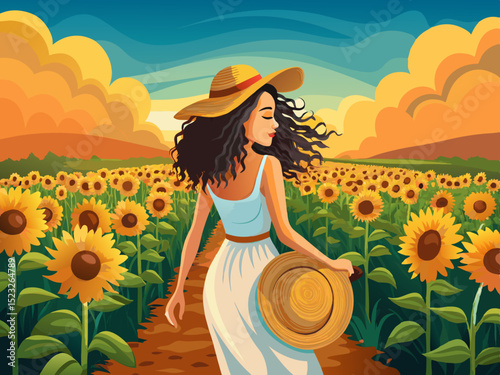 vector of Young asian woman with curly hair in sunflower field at sunset walking with back to camera and holding straw hat with open hand.