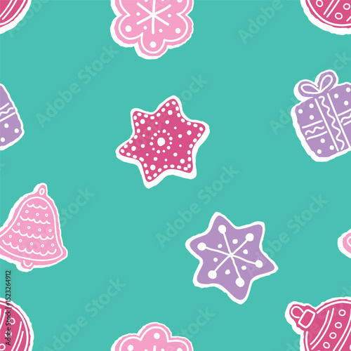 Christmas Abstract Pattern. Seamless Print with Christmas Ornaments. Christmas Balls, Bell, Star, Gift Box, Flower. Bright Winter Holiday Background. Vector illustration in Green, Purple, Pink, White