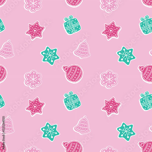 Christmas Abstract Pattern. Seamless Print with Christmas Ornaments. Christmas Balls, Bell, Star, Gift Box, Flower. Bright Winter Holiday Background. Vector illustration in Pink, Green, Red, White