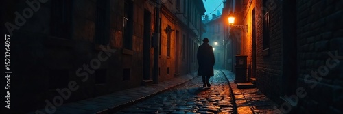 A shadowy figure is barely visible behind a flickering gas lamp on a cobblestone street, hinting at a clandestine meeting or a mysterious event unfolding in the darkness , mystery, meeting, night