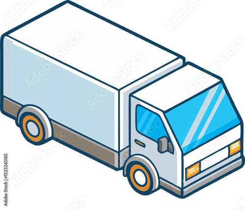 Isometric illustration of a white medium-sized box truck with a closed cargo compartment shown on a white background for delivery and logistics concept