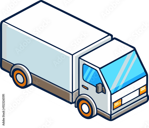 Isometric illustration of a white medium-sized box truck with a closed cargo compartment shown on  background for delivery and logistics concept
