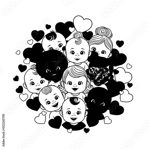 A circular vector design features a group of smiling baby faces, interspersed with both solid and outline hearts, all in black and white.
