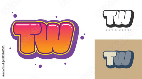 TW logo design for festival or party. Initial letter t and w in graffiti style. Creative modern lettering company name of font typography. Kids trendy logotype or identity.