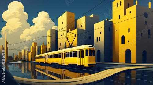 Stylized cityscape with yellow buildings and tram, vibrant atmosphere, reflected in water