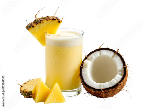 Piña colada with coconut halves and pineapple chunks on white.