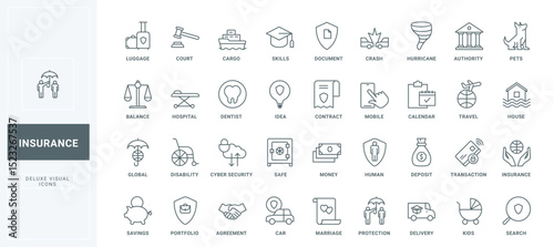 Safety shield for human and pet health and life, protection from car accident and disability, hospital thin black outline symbols vector illustration. Insurance service line icons set.