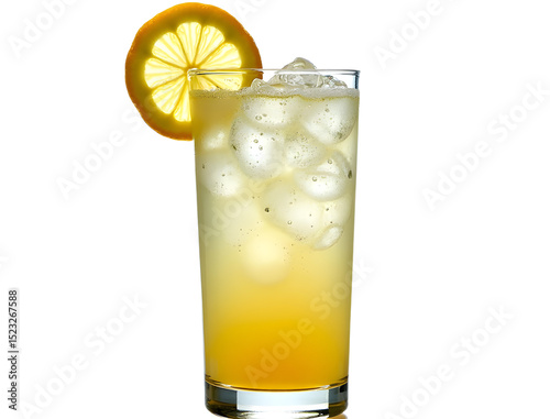 Tom Collins with lemon wedge and bubbles in tall glass white background.