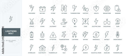 Electricity and boost power energy pictogram, blitz up and down arrows, attention to health and stress thin black outline symbols vector illustration. Lightning bolt shapes line icons set.