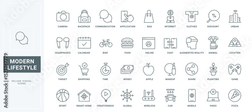 Outline symbols of life at home and office, food diet and sport, wireless technology and communication. Everyday routine and modern lifestyle thin black and red line icons set vector illustration