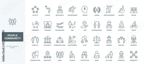 Law and authority, job and training, protection and care of family thin black outline symbols vector illustration. Community communication, work and life way of person line icons set.