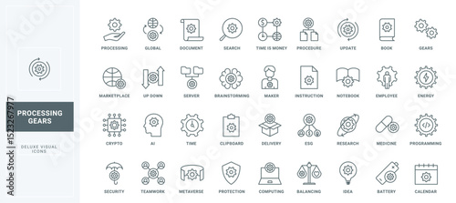 Software update and programming, AI brainstorming, security and protection of ideas and time, employee instructions thin black outline symbols vector illustration. Gears in line icons set.