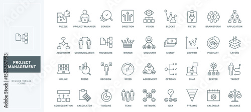 Success balance of decisions and ideas, team building thin black outline symbols vector illustration. Project management, corporate company organization for progress growth line icons set.