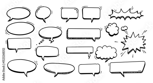 Set of hand-drawn speech bubbles in various shapes