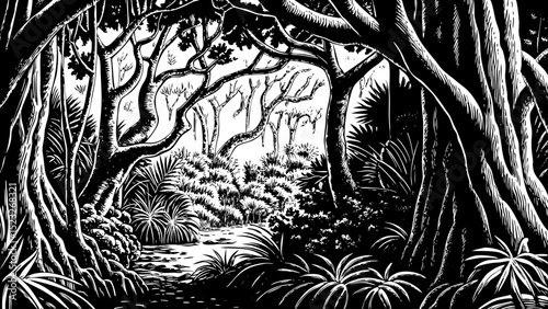 black and white sketch vector of a dense jungle with tropical plants, vines, and wild undergrowth