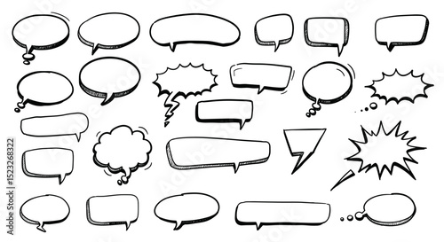 Set of hand-drawn speech bubbles in various shapes