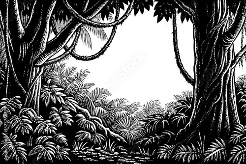 black and white sketch vector of a dense jungle with tropical plants, vines, and wild undergrowth