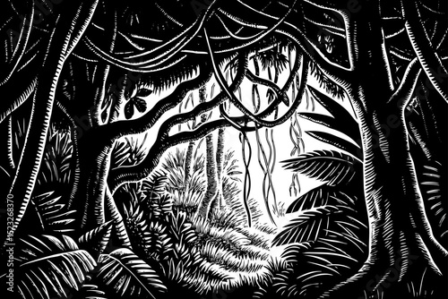 black and white sketch vector of a dense jungle with tropical plants, vines, and wild undergrowth