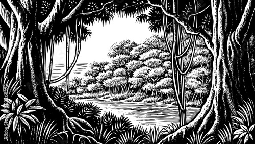 black and white sketch vector of a dense jungle with tropical plants, vines, and wild undergrowth