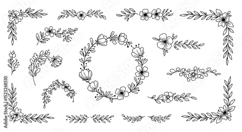 Simple floral ornaments and corner decorations in hand-drawn style