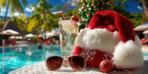Santa hat, sunglasses, and tropical drink on a table by a bright outdoor pool in daylight.