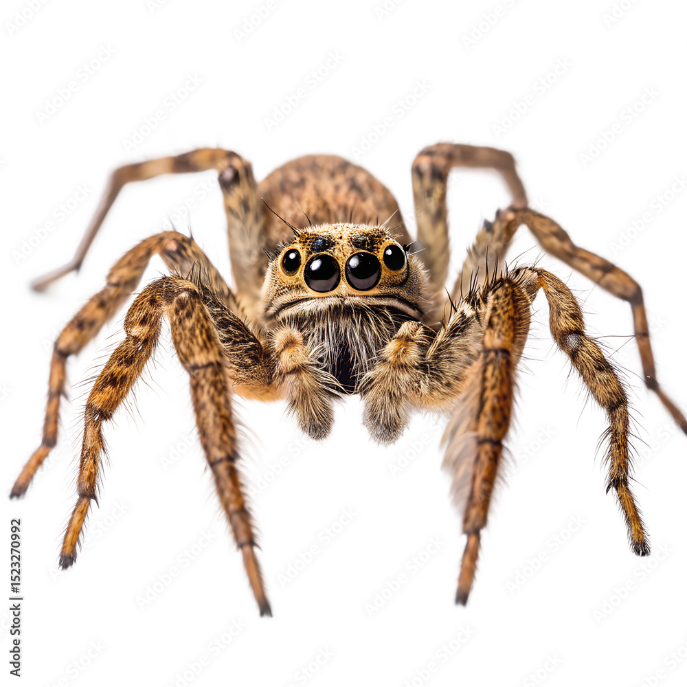 Fototapeta premium Close-up of a brown spider with large eyes and hairy legs. The spider is positioned against a black background, showcasing its detailed features.