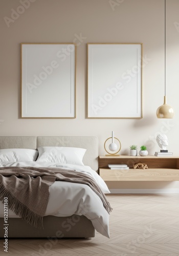 Blank Vertical Gold Frame Mockups in a Modern Neutral Bedroom