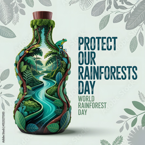 Rainforest Conservation: A vibrant illustration champions World Rainforest Day, showcasing a lush rainforest scene within a bottle, encircled by verdant leaves, urging protection and preservation.