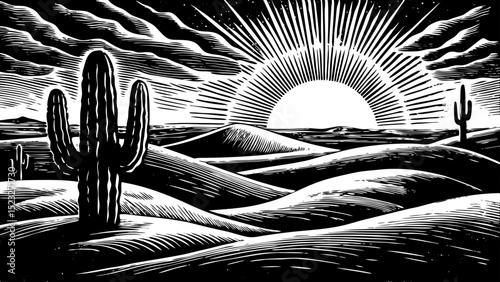 Black and white sketch vector of a sunset behind a desert with sand dunes and cactus silhouettes
