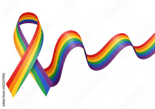 Rainbow Pride ribbon, wavy design on white. LGBTQ+ diversity, love, equality symbol. Perfect for Pride Month, events, and support.