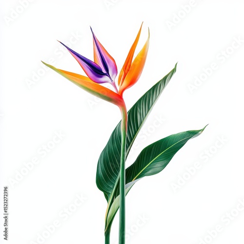 Vivid orange, purple, and blue bird of paradise flower with vibrant green leaves, isolated on a white background