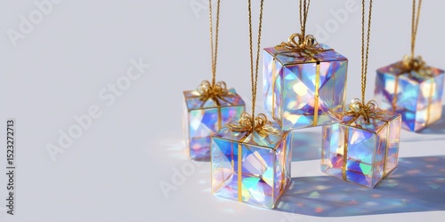 Shiny glass ornaments hanging from gold chains on a white background, bright and reflective holiday decor. photo