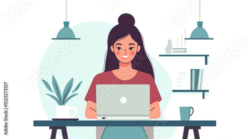 Laptop, freelance and happy woman in coffee shop, typing and online research career with smile. Internet, technology and remote work, virtual assistant or girl in cafe at computer writing article