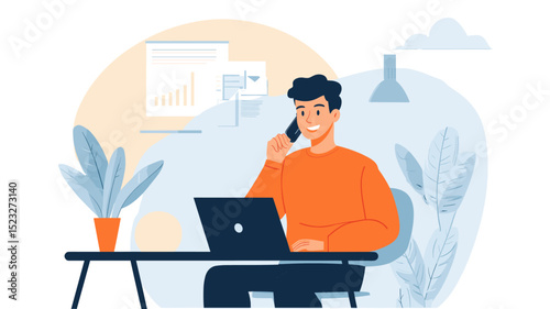 An enthusiastic male remote worker talking on a phone with a client about a new idea proposal he had in mind.