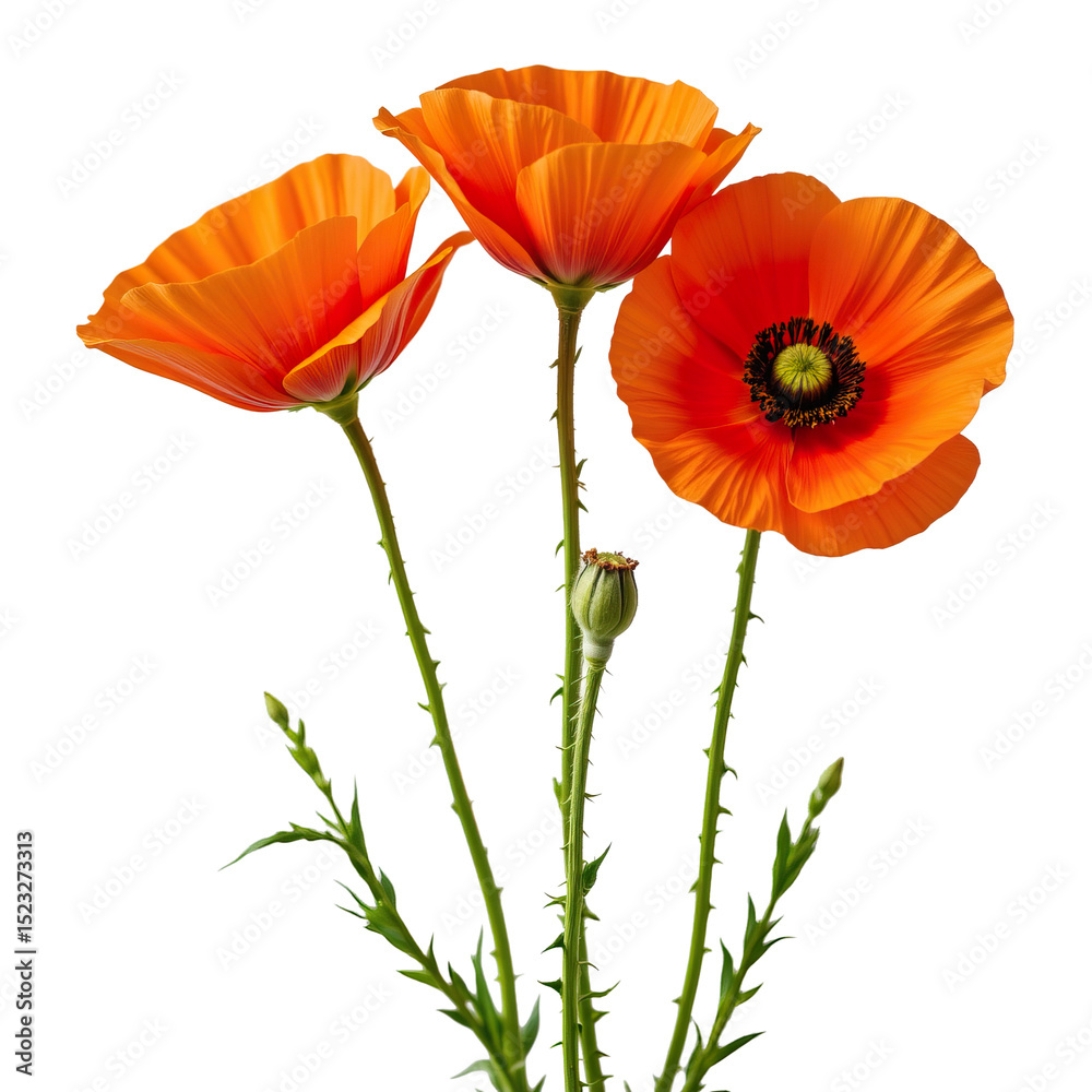 Fototapeta premium Vibrant Orange Poppies Blooming in a Garden Against a Bright Background with Lush Green Leaves