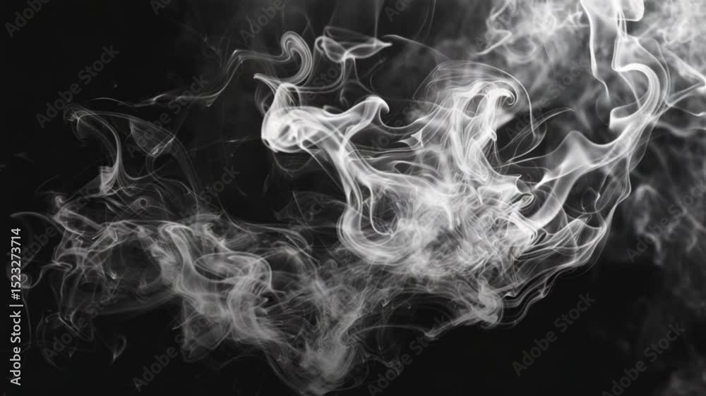 Realistic slow-motion video of white smoke swirling smoothly on a black background. High-detail abstract motion with soft curls and fluid lines